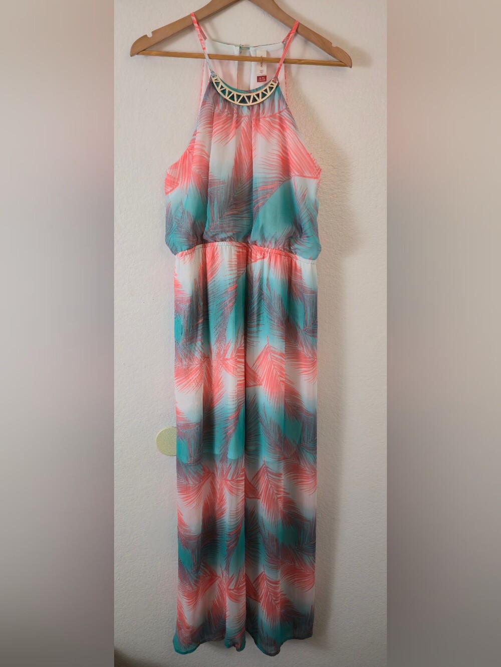 No Boundaries Coral & Teal Palm-Print Halter Maxi Dress